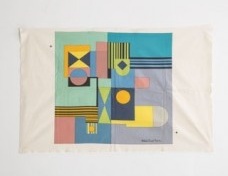 Multi-colored Roberto Burle Marx textile with printed signature. [Dimensions below are for the fabric itself, the print measures 31.5" x 30"] 51" L x 33.5" W / 129.5cm L x 85.1cm W.<br />Joe Kramm  [R & Company]