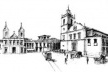 Largo da Sé, Igrejas de São Pedro da Pedra e antiga Catedral da Sé pouco antes da demolição. Desenho inspirado em foto de Militão Augusto de Azevedo, 1907 [LIPAI, Alexandre Emílio, Arquitetura: interações homem/ambiente]
