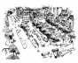 Praça Clóvis Bevilacqua implantada como terminal central de ônibus urbanos. Desenho mostra ao fundo o Palácio da Justiça, por volta de 1960