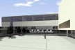 Vista da praça a partir do passeio que integra o novo conjunto com os departamentos de música e artes plásticas <br />Imagem dos autores do projeto 