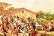 No canto esquerdo da pintura, em pé, um civil branco de cartola empunha um guarda-chuva como uma espada. Pedro Américo, “Independência ou Morte” (detalhe), 1888<br />Imagem divulgação  [Museu Paulista da USP]