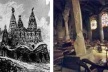 À esquerda, croqui para Cripta da Capela Güell, Arquiteto Antoni Gaudí.À direita, situação atual<br />Foto de Fábio Müller  [www.gaudiclub.com]