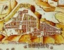 5. Planta da Restituição da Bahia (1631), de João Teixeira Albernaz. O núcleo inicial de Salvador aparece à direita na planta, estando separado parcialmente do outro bairro, mais amplo, por um talvegue