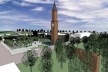 O mirante em alvenaria, visível desde a RS 444. Conforma uma maior imponência ao campanário, enfatizando o “eixo”de projeto e possibilitando uma nova apreciação do mesmo e do vale que o cerca. Na composição arquitetônica, ele fortaleceu o campanário<br />Imagem do autor do projeto 