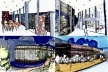 Vista da biblioteca para a exposição temporária; vista da exposição temporária para a biblioteca e loja; vista externa noturna da rótula; área externa do restaurante<br />Imagem dos autores do projeto 