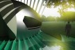 Projeto de quiosque para parques públicos de São Paulo, vista interna: ilustração da rampa de acesso e do piso de vidro, Angela Ishibashi e Rafael Derderian. 2º. prêmio categoria estudantes, 2009.