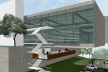 Perspectiva externa - restaurante e extremidade do edifício em balanço<br />Desenho do escritório 