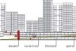 Corte BB – 1. 754.0 Túnel; 2. 759.8 Biblioteca; 3. 760.5 Rua da Consolação; 4. 761.5  Praça; 5. 762.9 Rua interna/ Choperia; 6. 766.5 Praça; 7. 761.5 - 754.0 Rua de livros<br />Imagem dos autores do projeto 