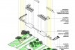 Isométrica do trabalho mostrando a interrelação entre entorno paisagístico, travessia, estrutura, largo, mobiliário e sua conexão com a superfície. Concurso Passagens sob o Eixão. Menção honrosa 5<br />divulgação 