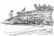 Praia de Sorocotuba, com uma vila clandestina, muito bonita, sobre os rochedos da belíssima praia, Guarujá, 1993<br />Desenho de Hans Broos  [Acervo Iphan Regional SP]