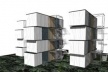 Montagem vertical. Aproveitando terrenos urbanos. Esta alternativa viabiliza a implantação de unidades em lotes mais compactos e inseridos em malha urbana, em um ou até mais blocos. A idéia é agrupar em pequenos edifícios 4 habitações com escada externa, <br />Imagem dos autores do projeto 