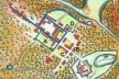 9. Provável arruamento inicial da cidade da Parahyba, indicado (nas cores azul e verde) em planta holandesa de c. 1640. (As linhas azuis identificam as primeiras ruas implantadas.) [Barlaeus, Rerum per Octennium in Brasilia..., Amsterdã, 1647]