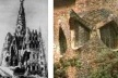 À esquerda, croqui para Cripta da Capela Güell, Arquiteto Antoni Gaudí.À direita, situação atual<br />Foto de Fábio Müller  [www.gaudiclub.com]