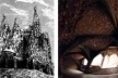 À esquerda, croqui para Cripta da Capela Güell, Arquiteto Antoni Gaudí. À direita, situação atual<br />Foto de Fábio Müller  [www.gaudiclub.com]