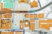 Mapa diagnóstico de ruídos da Praça XV (tons azuis – escala de ruídos abaixo da Perimetral, tons vermelhos – escala de ruídos na Perimetral, e, roxo – barreira sonora edificada)<br />Imagem dos autores do projeto 