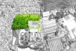 Concurso de Propostas Arquitetônicas para o futuro SESC Guarulhos, 1º lugar, foto aérea com implantação. Arquitetos Renato Dal Pian e Lilian Dal Pian<br />Desenho do escritório 