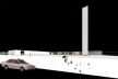 À direita a biblioteca com suas amplas portas pivotantes, e à esquerda o auditório conformam e fecham o espaço da praça monumental com torre de caixa d’água com 25 metros de altura<br />Imagem dos autores do projeto 