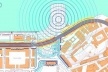 Mapa diagnóstico de ruídos da Praça Mauá (tons azuis – escala de ruídos abaixo da Perimetral, tons vermelhos – escala de ruídos na Perimetral, e, roxo – barreira sonora edificada)<br />Imagem dos autores do projeto 