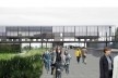 Eixo de entrada pela cota mais elevada do terreno: tratamento paisagístico emoldurando espaços de convivência