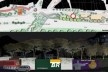 Nova fachada urbana – planta baixa e vista noturna com propagandas nos muros como fonte de renda para comunidade<br />Imagem do autor do projeto 