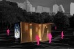 Projeto de quiosque para parques públicos de São Paulo, vista noturna, Beni Goltsman Barzellai, Guilherme de Barcellos Lozinsky, Mariana Magalhães Costa e Patricia Tinoco. 1º. prêmio categoria estudantes, 2009.