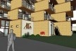 Fachada Leste: andares escalonados e tridimensionalidade da fachada ajudam no controle dos ganhos de calor pela radiação direta do sol<br />Imagem dos autores do projeto 