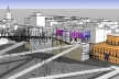 Em evidência, praça elevada  do edifício “andaime” (janela urbana) e conexões pela colina