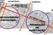 Análise do 4º Distrito de Porto Alegre sobre mapa cadastral, identificando o eixo articulador do bairro, Av. São Pedro, e as zonas industrial, mais próxima ao Porto, e predominantemente residencial e comercial, entre as avenidas Farrapos e Benjamin Consta [Acervo da disciplina]