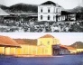 Acima: Largo da Estação Férrea de Santa, concluída em 1899, em imagem de 1914 quando da Exposição Agro-industrial. Abaixo: O Largo com a estação depredada em imagem de 2002.  [Arquivo Municipal de Santa Maria(imagem acima), arquivo pessoal.(imagem abaixo)]