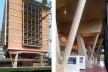 À esquerda, sequência de pórticos e esquadria no hall, arquitetos Santiago Sánchez Elía, Federico Peralta Ramos y Alfredo Agostini / Escritório Sepra; à direita, edifício administrativo, com pórtico estrutural, brises e mezanino que articula e integra o c<br />Foto Roberto Ghione 