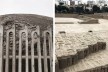 À esquerda, muro protetor do Museo de Sitio Huaca Pucllana, Lima, distrito de Miraflores; à direita, estrutura em “adobitos” nas ruínas de Huaca Pucllana<br />Foto José Lira 