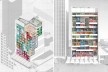 H.O.M.E. — Housing and Office Modular Environment, isométrica em corte da tipologia e perspectiva da nova fachada mista, São Paulo, 2020. Arquitetos Ricardo Gonçalves, Matheus Marques, Rolando Figueiredo e Luisa Favilla / Hiperstudio<br />Imagem divulgação  [Hiperstudio]