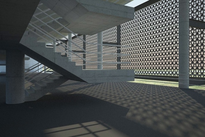 Universidade no Semi-árido – UNIVASF, planos de cobogós protegem a fachada Oeste, 1º lugar concurso Sustentabilidade em Edificações Públicas. Estudante Murilo Medeiros de Siqueira, 2008<br />Imagem divulgação 