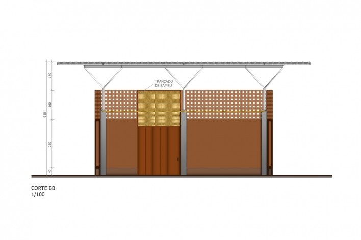 Corte - Pavilhão da arquitetura em terra<br />Desenho Abiola Akandé Yayi e Robert Soares 