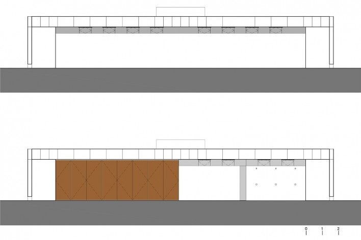 Requalificação urbana e ambiental da orla de Ilha Comprida, Edifício Escola de Surf, elevações frontal e posterior, 2019. Arquitetos Marcos Boldarini e Lucas Nobre<br />Imagem divulgação 