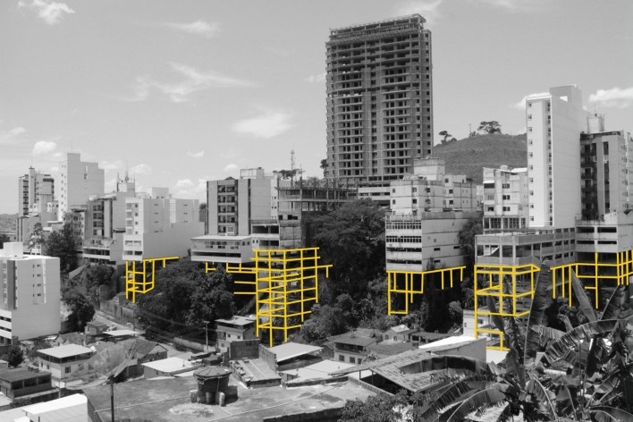 Espaços palitantes, fotomontagem da intervenção. Raquel Hellich, FAU UFJF<br />Menção honrosa 