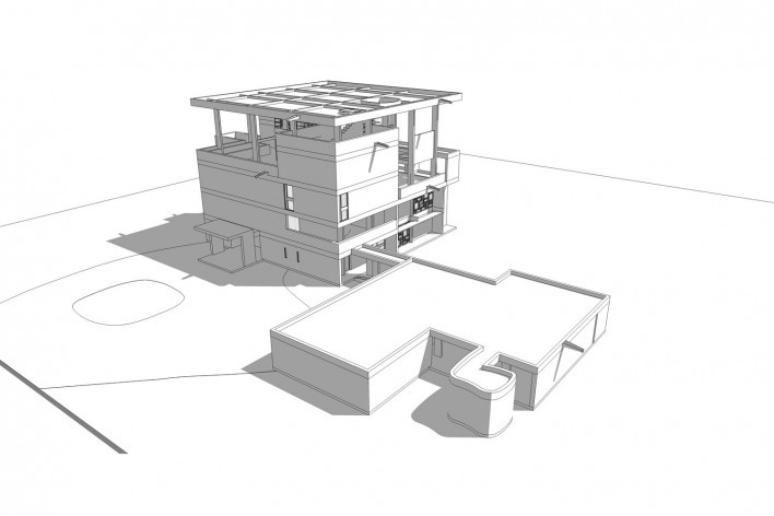 Casa Shodhan, vista externa do edifício, Ahmedabad, Gujarat, Índia, 1951-56. Arquiteto Le Corbusier<br />Modelo tridimensional Gabriel Johansson Azeredo / Imagem Edson Mahfuz 