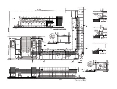 Planta, fachadas e cortes dos acessos<br />Imagens dos autores do projeto 