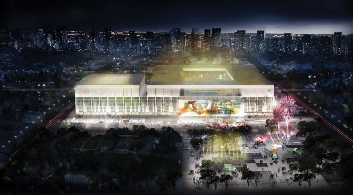 Complexo Esportivo e Cultural Clube Atlético Paranaense, tomada aérea frontal, Curitiba. Arquiteto Carlos Arcos<br />Imagem divulgação 