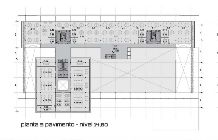 Concurso Sistema Fecomércio‐RS, planta pavimento cota 14.80m. Gabriel Cruz Grandó e equipe, 2º lugar, 2011