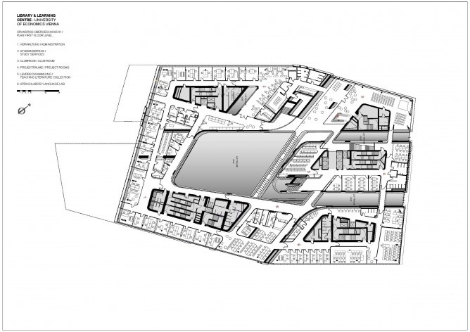 Library and Learning Centre, University of Economics & Business Vienna, plan first floor level. Zaha Hadid Architects