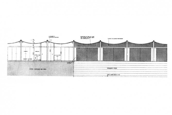 Hotel em Paquetá, detalhamento dos materiais, em corte. Sérgio Bernardes [Acervo do Projeto memória da Bernardes Arquitetura]