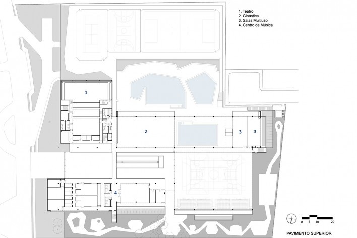Sesc Guarulhos, planta pavimento superior, Guarulhos, 2019. Arquitetos Lilian Dal Pian e Renato Dal Pian / Dal Pian Arquitetos<br />Imagem divulgação  [Acervo Dal Pian Arquitetos]