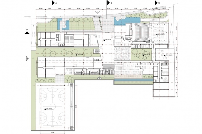 Concurso de Propostas Arquitetônicas para o futuro SESC Guarulhos, planta térreo, 9º lugar. Batagliesi Arquitetos + Designers<br />Desenho dos autores 
