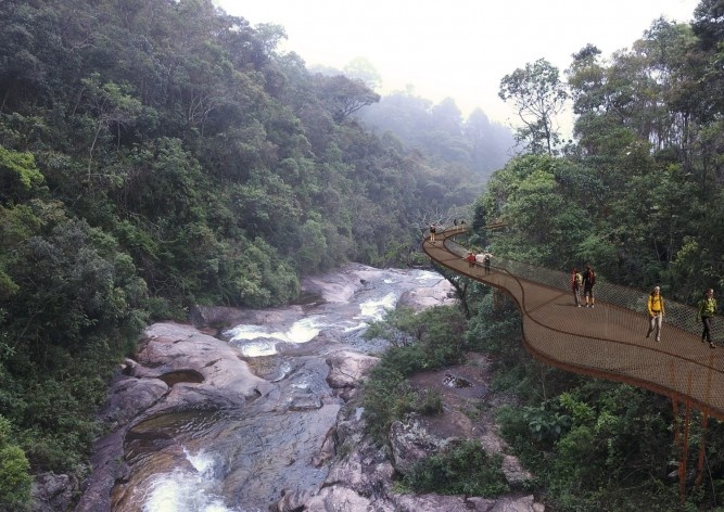 Parque Nacional de Itatiaia, maquete eletrônica do Complexo Maromba (canopy parte baixa / estrutura metálica), Rio de Janeiro Brasil / Minas Gerais Brasil, 2017. Arquitetos Pedro Paes Lira, Manoela Machado, Camila Sanches, Giulia Corsi / Natureza Urbana<br />Imagem divulgação  [Acervo Natureza Urbana]