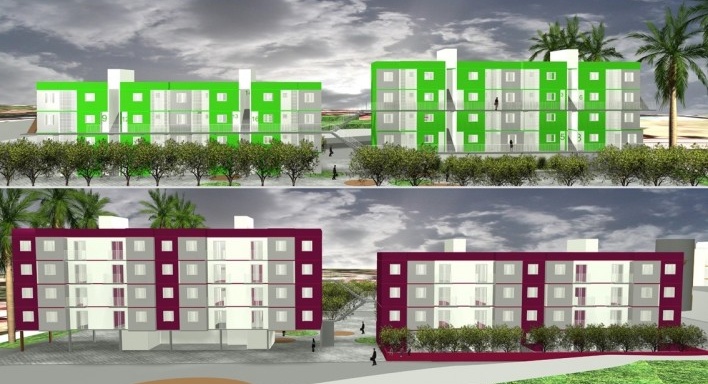 Perspectiva Fachadas – estudo cromático. Concurso Habitação para Todos. CDHU. Edifícios de 4 pavimentos - Menção honrosa.<br />Autores do projeto  [equipe premiada]