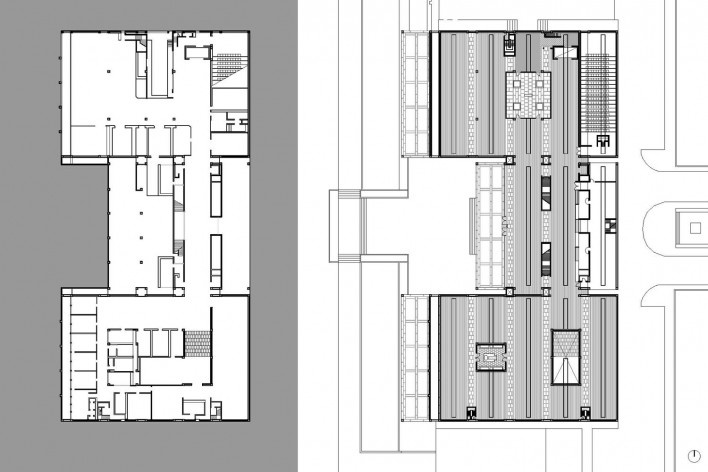 Museu de Arte Kimbell, plantas subsolo e térreo, Fort Worth, Texas, EUA, 1972. Arquiteto Louis I. Kahn [Website Història en Obres]