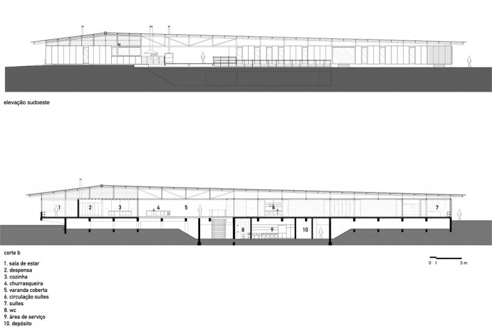 Residência Piracaia, elevação sudoeste e corte b, Piracaia SP Brasil, 2012-2014. Arquitetos Lua Nitsche e Pedro Nitsche<br />Imagem divulgação  [Nitsche Arquitetos Associados]