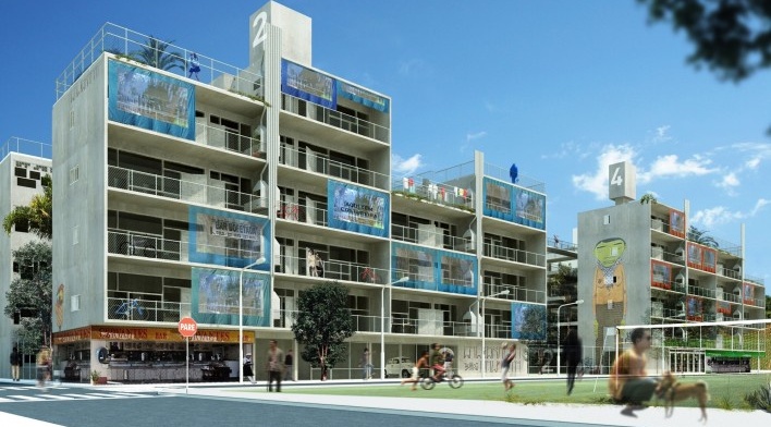 Vista geral. Concurso Habitação para Todos. CDHU. Edifícios de 6/7 pavimentos - 2º Lugar.