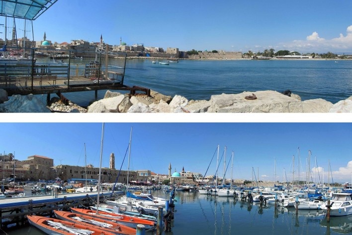 Acima, Akko, antigo porto. Abaixo, antigo porto helenístico, vista da marina, muralha e a cidadela fortificada otomana<br />Fotos Victor Hugo Mori 
